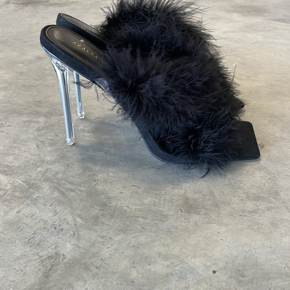 Azalea Wang feather boa Elegant Black Feathered Stiletto Heels size 8 Stripper - Picture 4 of 7